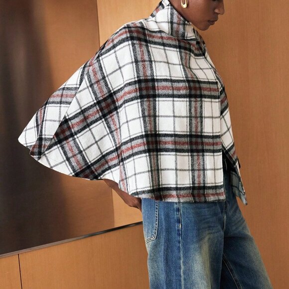 Multicolor Casual Women's Plaid Poncho Jacket - Picture 2 of 4